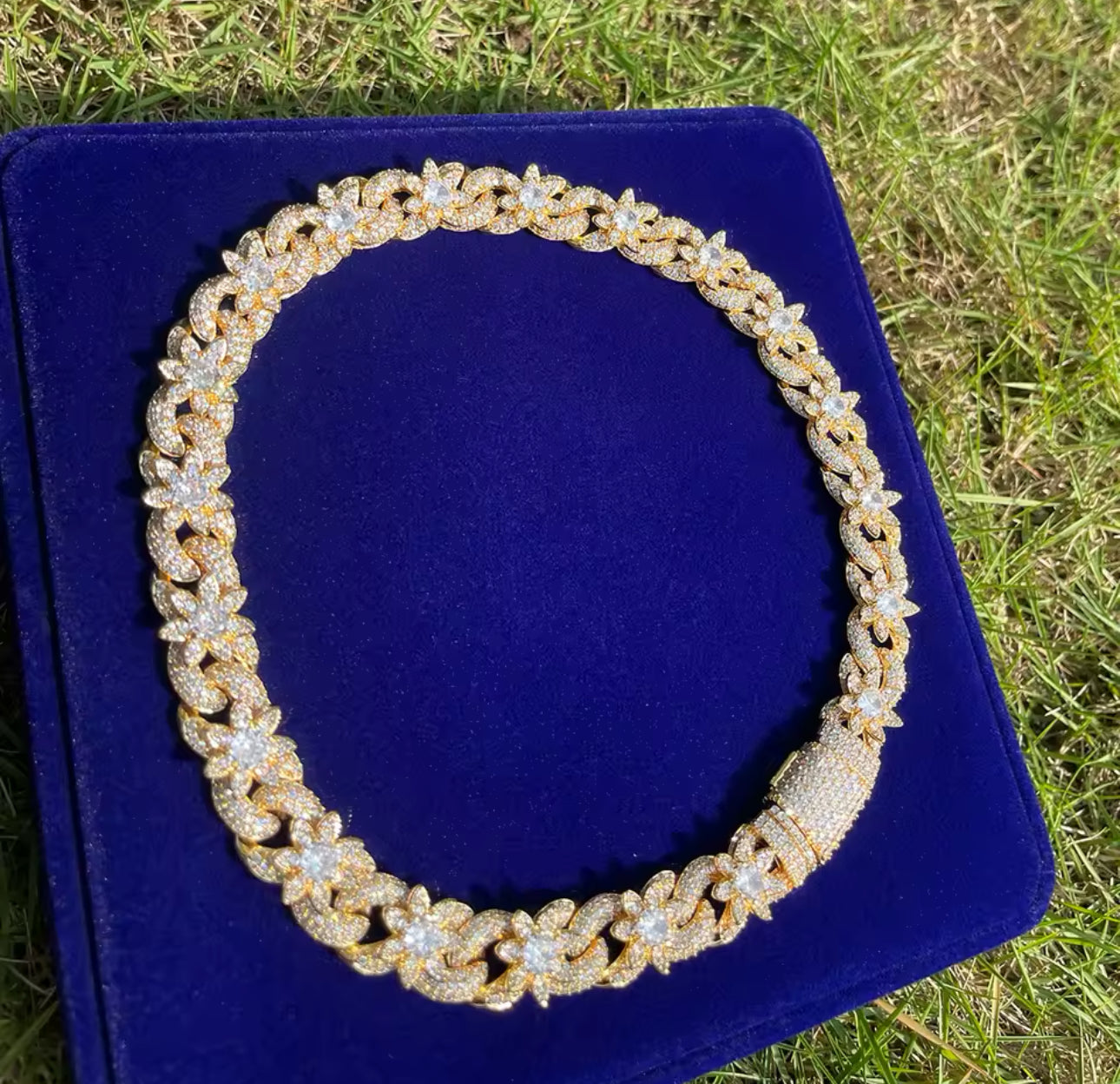 Iced Out Flower Necklace Cuban Link