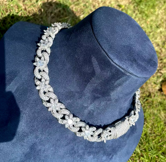 Iced Out Flower Necklace Cuban Link