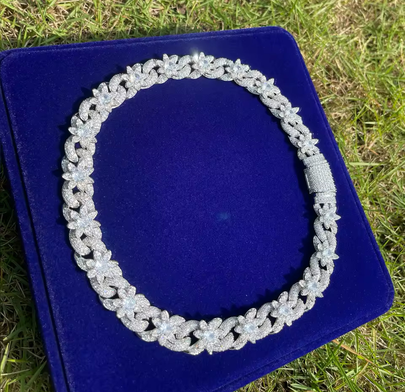 Iced Out Flower Necklace Cuban Link