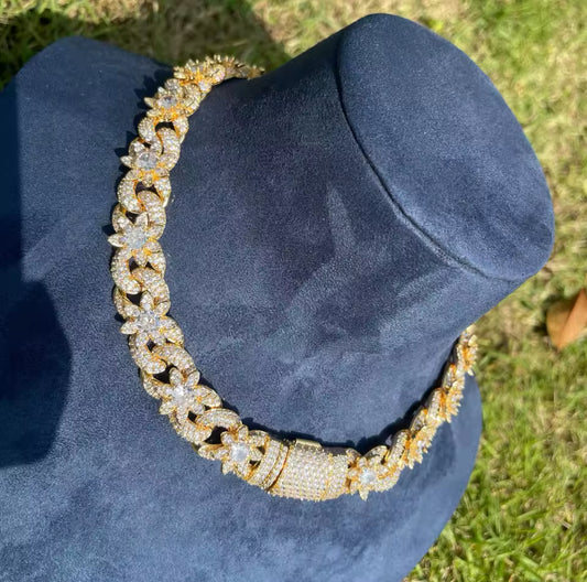 Iced Out Flower Necklace Cuban Link