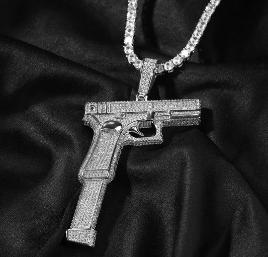 Iced out Gun pendant white gold